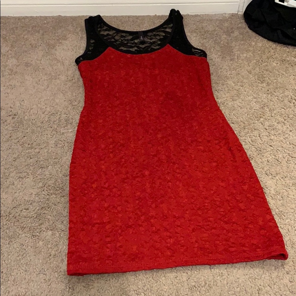 Red ruffle and black lace dress